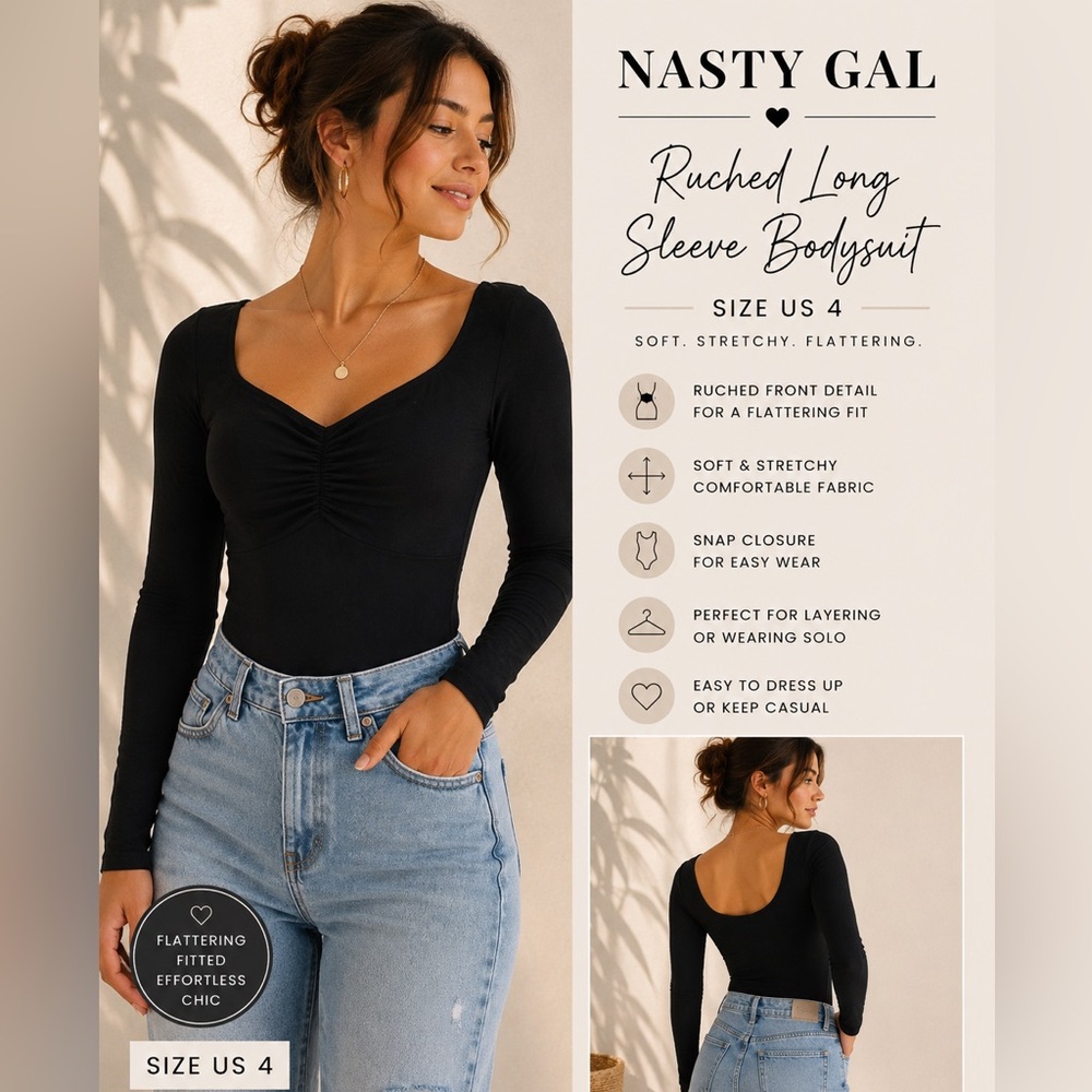Nasty Gal Black Long Sleeve Ruched Bodysuit Size US 4